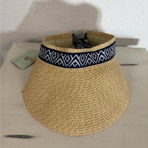 NWT Sea & Grass Straw Visor with Navy Patterned Tie Band Summer Coastal Vacation